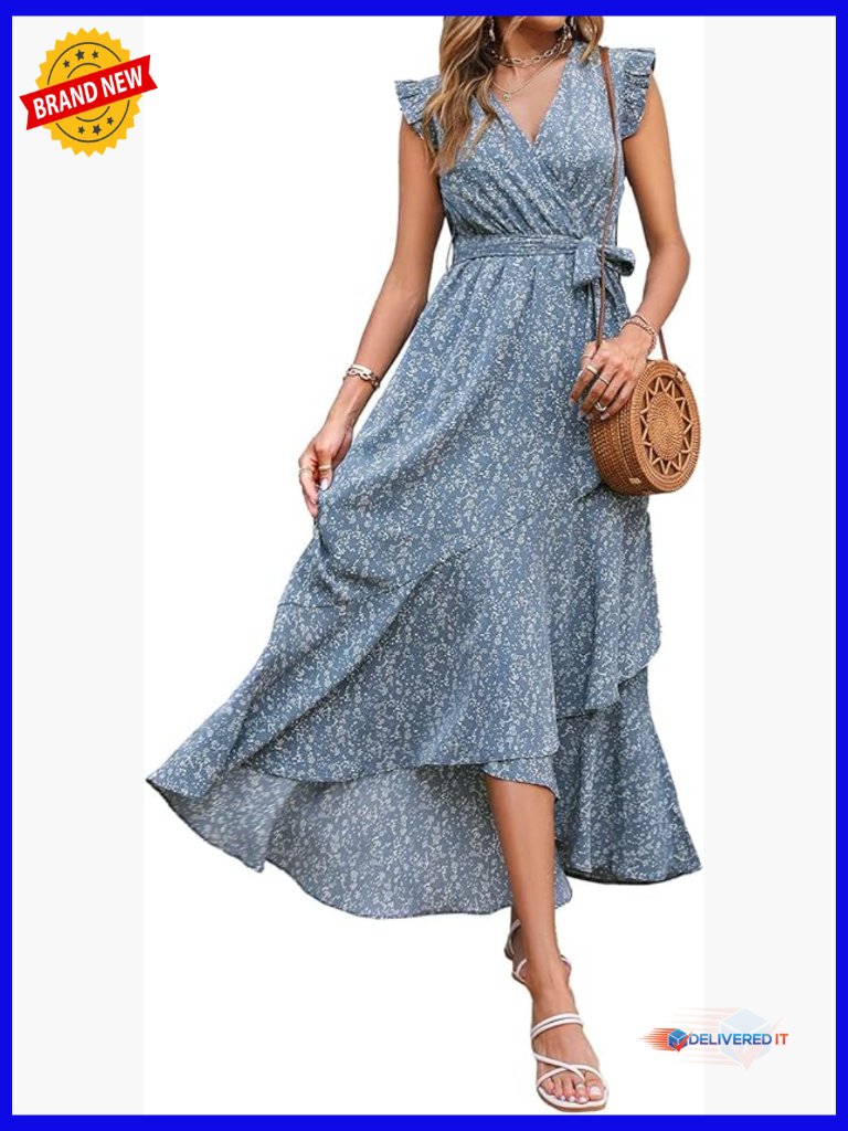 Boho Maxi Dress Wrap V Neck Ruffle Sleeve Floral Summer Wedding Guest